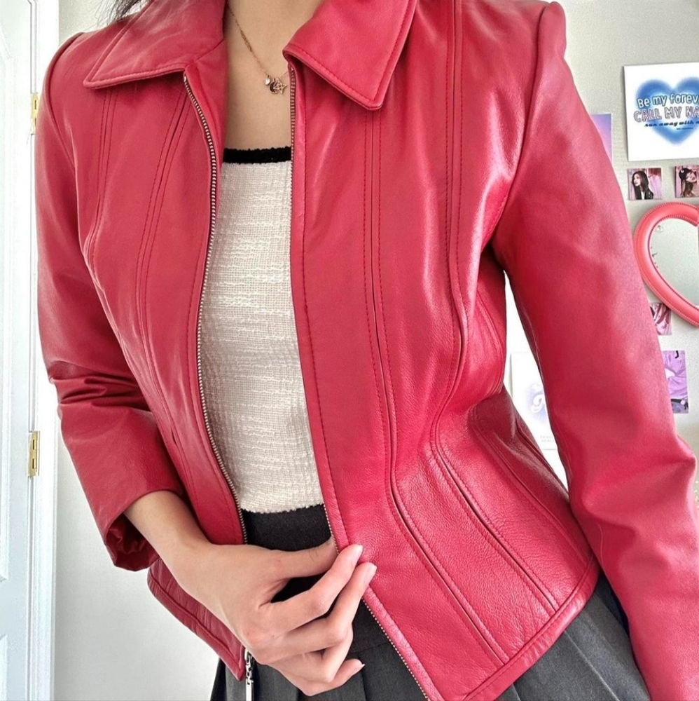Vintage Moda International Red Fitted Leather Jacket